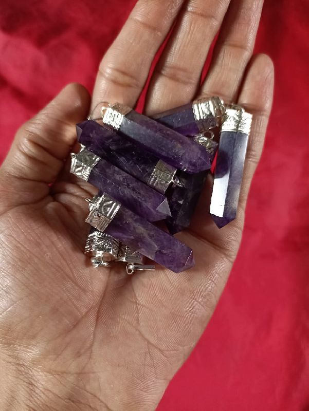 Silver Polished Plain Gemstone Amethyst Pencil Pendant, Packaging Type : Wooden Box