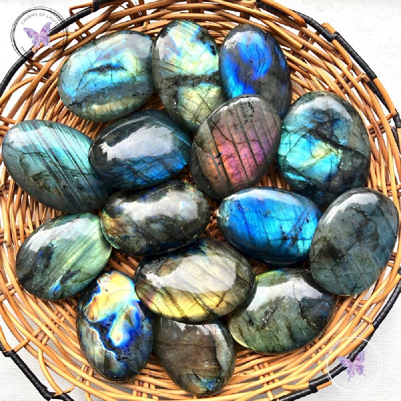 Polished Labradorite Palm Stone, Feature : Natural Material, Translucent
