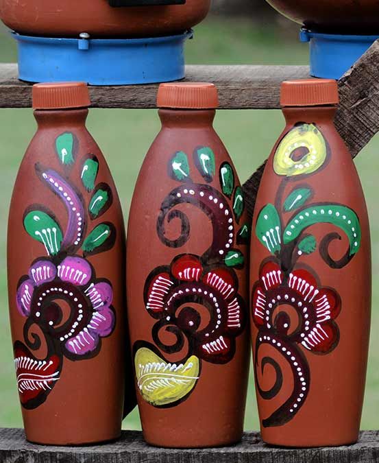 Round Clay Printed Water Bottle, Color : Brown