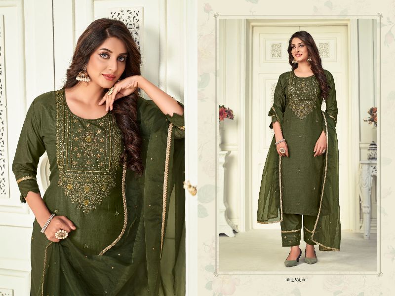 Eva Readymade Pant Suit with Dupatta, Pattern : Embroidered