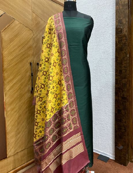 Banarasi Silk Patola & Multi Meena Weaved Silk Dupatta With Plain Silk Unstitched Salwar Kameez Suit