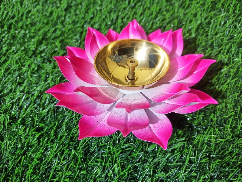 pink color 6 inch brass table lotus diya
