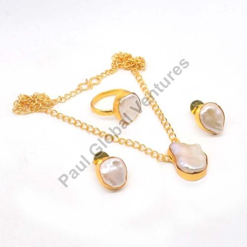 Baroque Pearl Stone Gold Plated Necklace Set