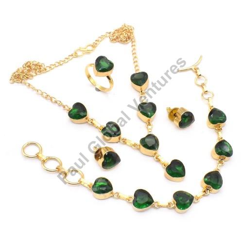 Diopside Quartz Gold Plated Necklace Set, Color : Green