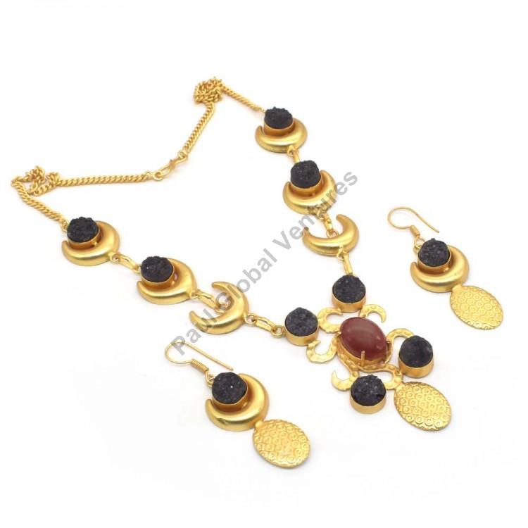 Druzy Gemstone Gold Plated Necklace Set, Main Stone : Duzy