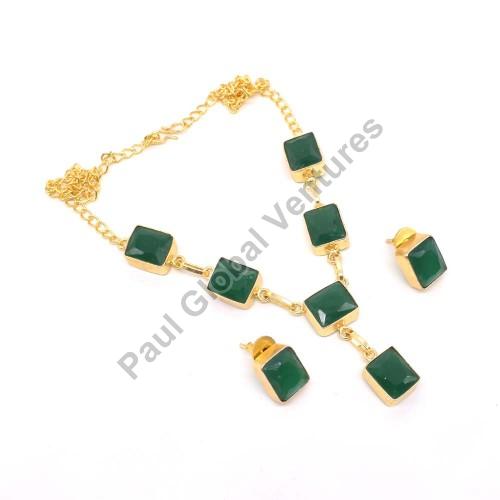 Faceted Green Onyx Gold Plated Necklace Set