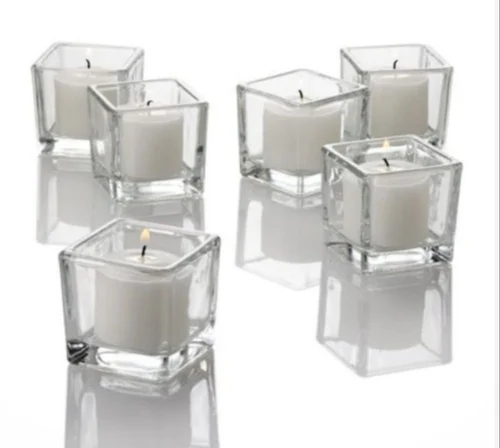 White Square Shaped Glass Candle Set, for Fine Finished, Attractive Pattern, Moisture Resistance, Packaging Size : 4 Piece