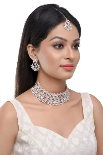 Silver Brass Artificial Necklace Set, Occasion : Party Wear, Wedding, Bridal Wear