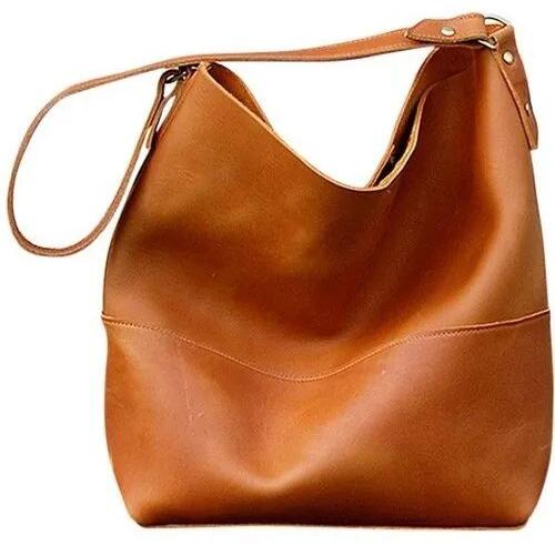 Brown Plain Ladies Leather Tote Bag