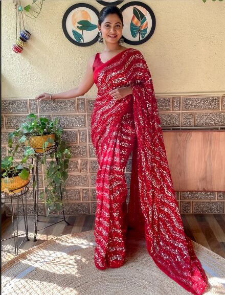 Fancy Red Sequins Work Saree, Occasion : Party Wear