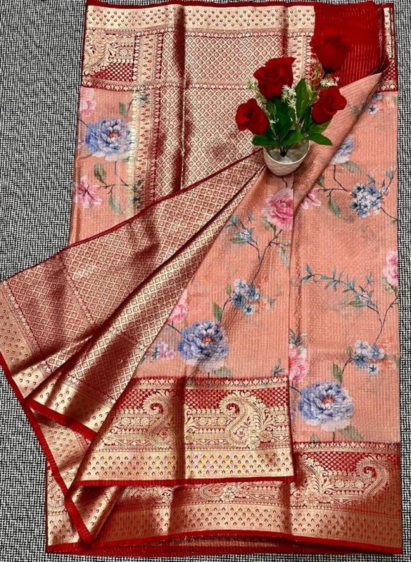 Full Sleeves Banarasi kora Organza printed saree, Speciality : Easy Wash, Dry Cleaning