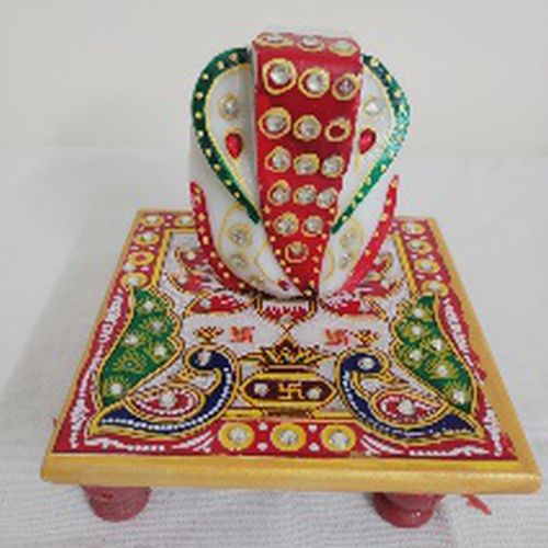 Printed Color Coated Metal Chowki Ganesha Statue, for Interior Decor, Gifting, Garden, Religious Purpose