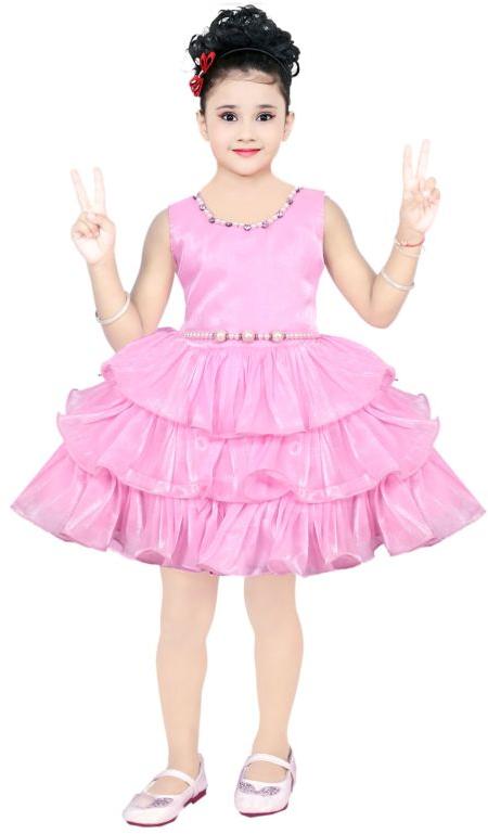 Sleeve Less Cotton Girls Frocks, Color : Pink
