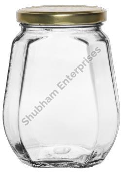 Transparent Hexagonal 380 ML Octa Glass Jar, for Food Storage