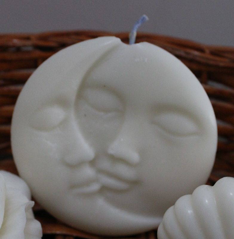 White Plain Polished Soya Wax Sun Moon Candle, for Party, Lighting, Decoration, Shape : Round