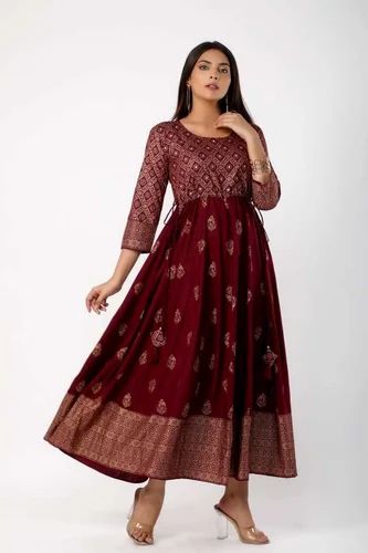 Ladies Red & Golden Printed Anarkali Kurti