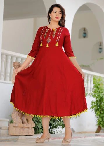 Ladies Red Printed Anarkali Kurti, Size : All Size