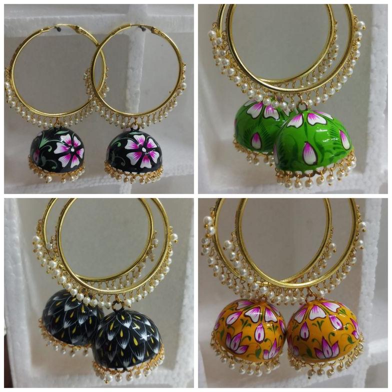 Multi Color Polished Metal Hand-painted Jhumka, Packaging Type : Plastic Box