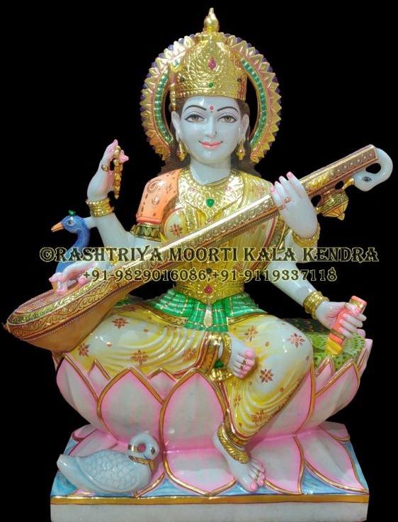 Carved Marble Saraswati Mata Statue, for Worship, Temple, Home, Packaging Type : Thermocol Box, Carton Box