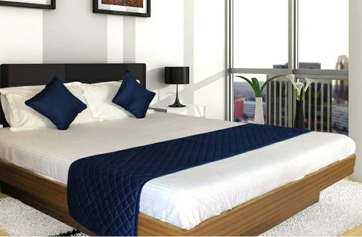 Velvet Plain Hotel Blue Bed Runner, for Home, Size : Standard