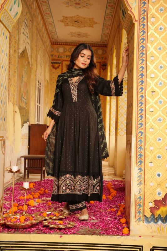 Ladies Black Rayon Anarkali Suit