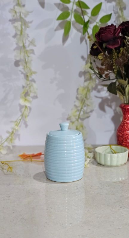 Ring Shaped Sky Blue Ceramic Jar, for Storage, Feature : Fine Finishing, Leakage Proof, Unique Design