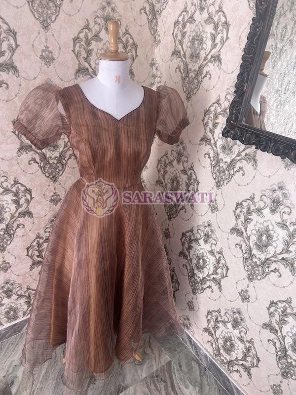 V Neck Brown Plain Organza Gown, Occasion : Party Wear