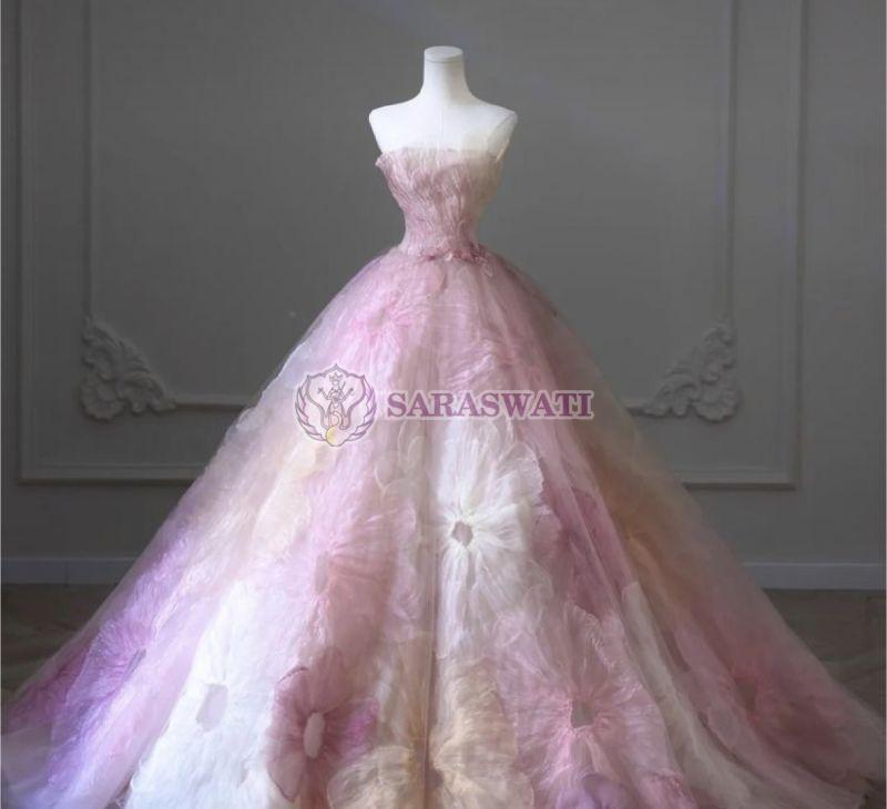 Saraswati Net Baby Pink Wedding Gown, Size : L, M, S, XL, XXL