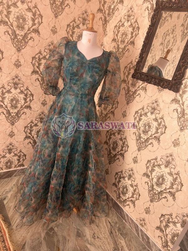 Saraswati Organza Printed Designer Gown, Size : L, M, XL, XXL