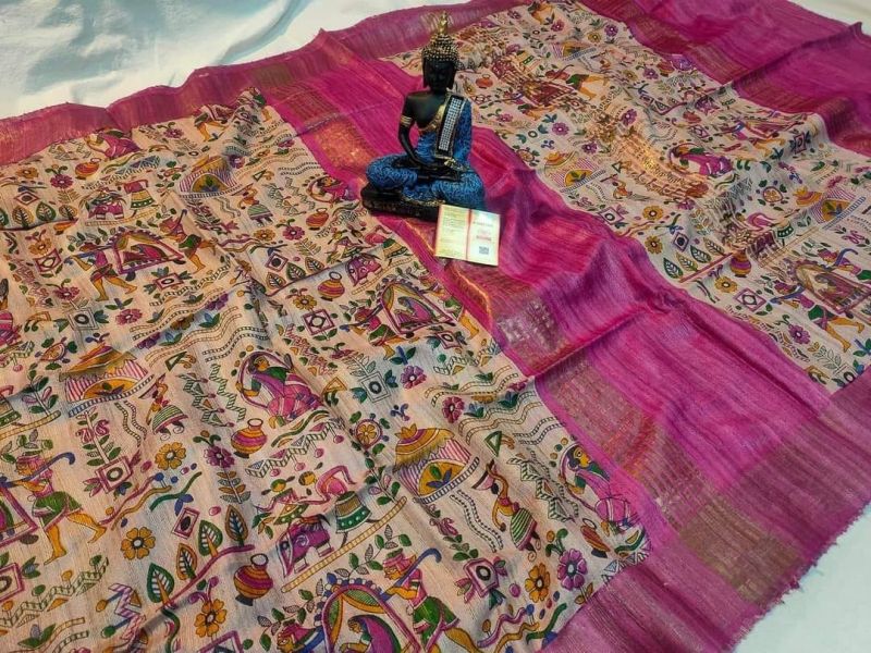Kodas Group Nisha Fabrics Tussar Ghicha Print Saree, Width : 6.5 Meter
