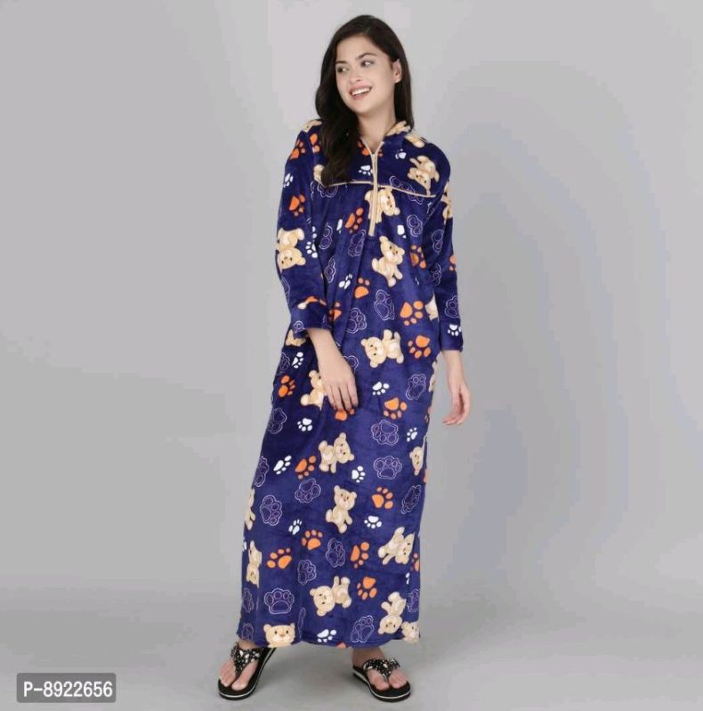 Ladies Stylish Blue Woolen Printed Night Gowns