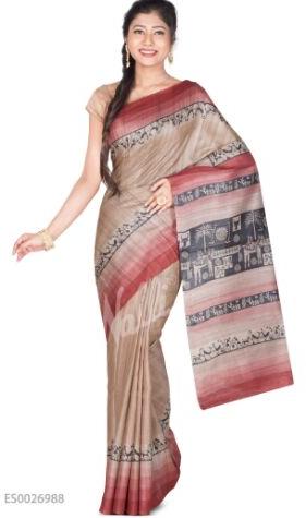 Beige Jute Silk Saree, Color : Maroon