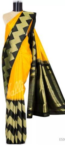 Yellow Kanchipuram Silk Saree, Color : Black