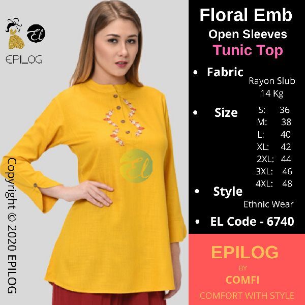 EPILOG Floral Embroiderry open SleevesTunic Top, Size : S-4XL
