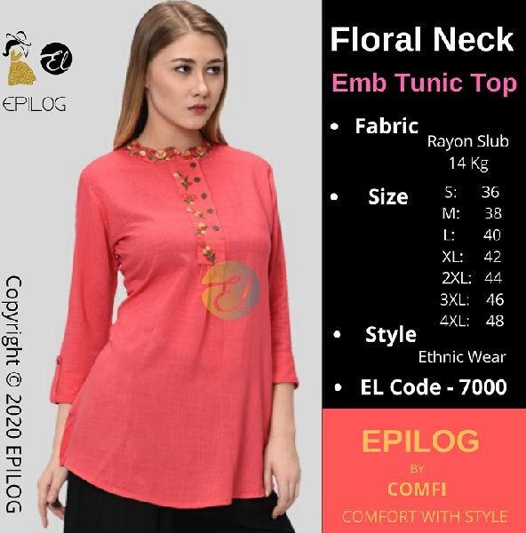 EPILOG Floral Neck Embroidery Tunic Top, Size : S-4XL