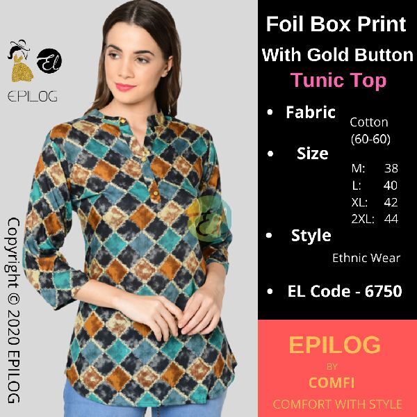 EPILOG Foil Box Print With Gold Button Tunic Top