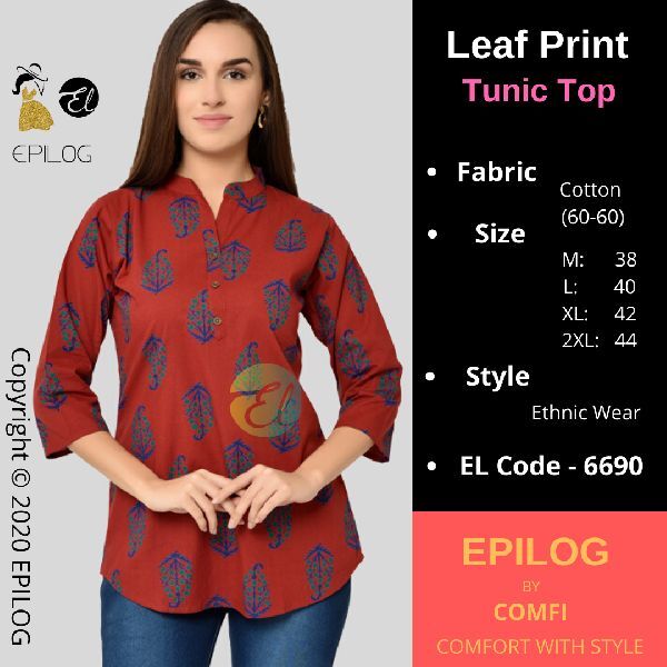 EPILOG Leaf Print Tunic Top, Size : M, XL, XXL