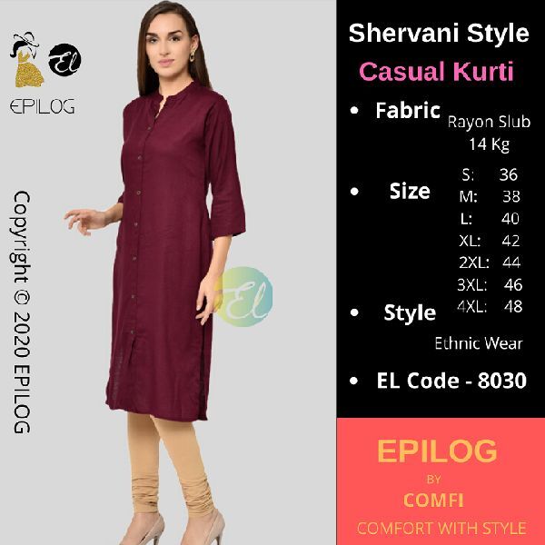 EPILOG Shervani Style Casual Kurti, Size : S-4XL