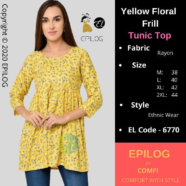 EPILOG Yellow Floral Frill Tunic Top, Size : M, XL, XXL