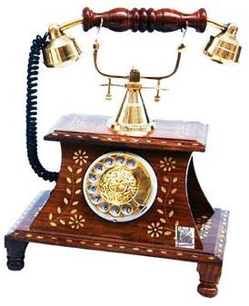 National Handicrafts Natural Wood Finish Brass Desk Top Antique Telephone, Size : 10 x 7 x 12 Inches