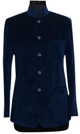 Navy Blue Full Sleeve Velvet Bandhgala Jacket, Size : Medium