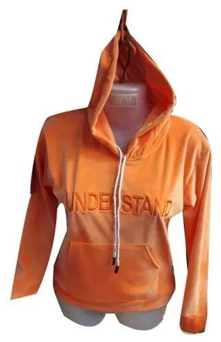 Full Sleeve Hooded Ladies Orange Velvet Hoodie