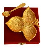 German Silver Gold Plated Three Leaf Serving Plate