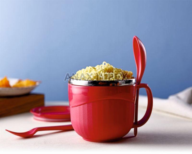 Red Round Noodles and Soup Bowl With Spoon