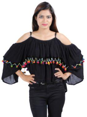 Beads Lace Layered Black Crop Top