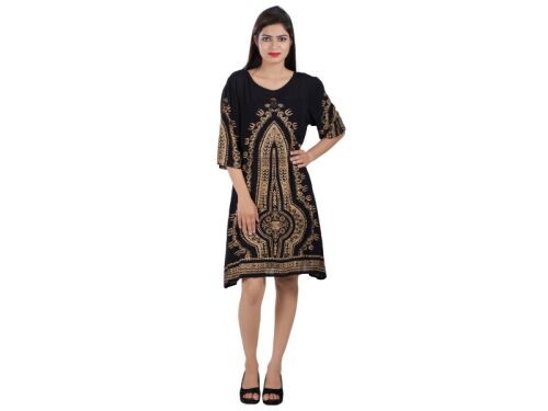 Rayon African Gold Print Black A-line Knee Long Dress