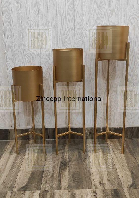 Metal Planters With Stand Set OF  3 Gold