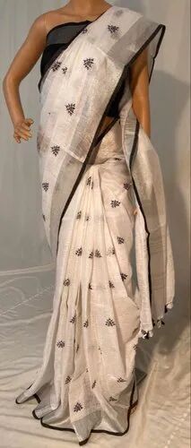 LINEN BY LINEN Plain Machine Embroidery Sarees, Occasion : Casual Wear