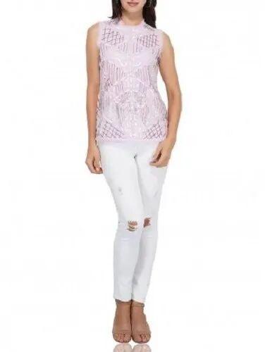 Pink Beaded Sequin Top, Occasion : Party Wear
