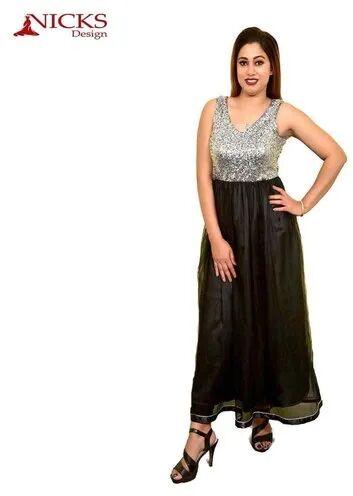 Nicks Design V Neck Ladies Sequin Long Dress, Occasion : Party Wear